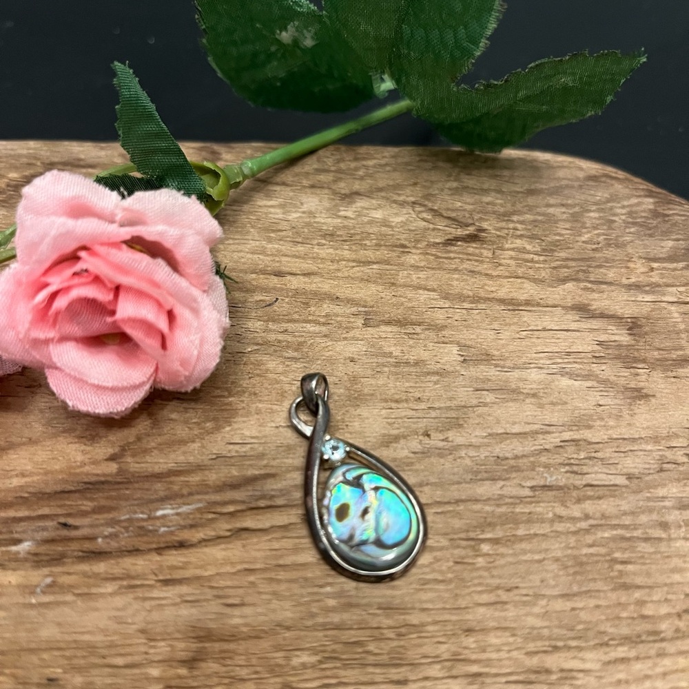 VTG Sterling Silver Abalone Shell Pendant W Aquamarine 925  Signed NV 1.25”